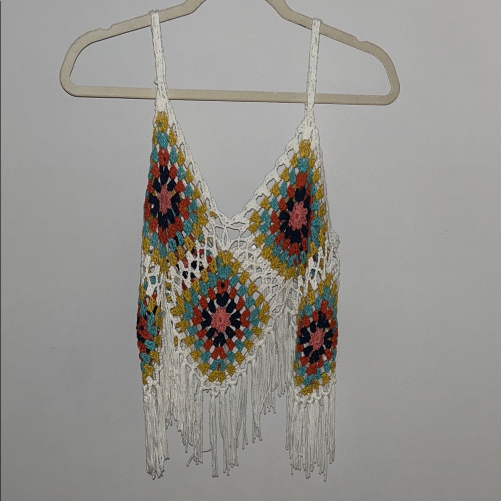 Crochet Fringe Tank Top with Colorful Pattern